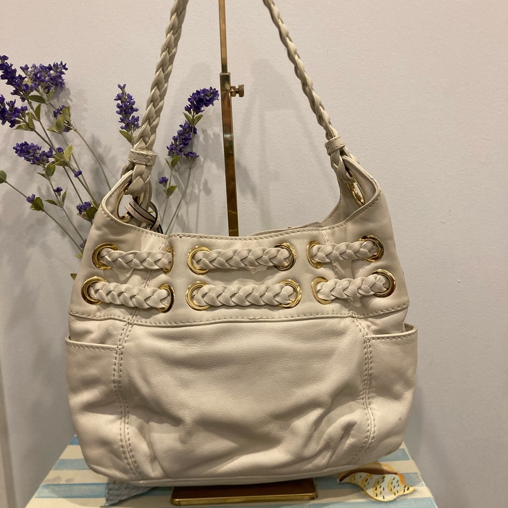 Michael Kors Astor Grommet Satchel Bone Leather Gold Hardware Braided Handle - Picture 2 of 11
